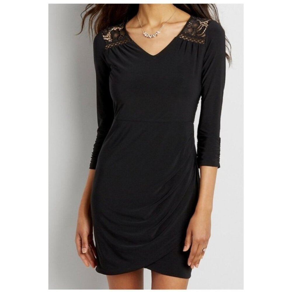 Maurices Black Lace Detail V-Neck Dress 3/4 Sleeves knit size large new